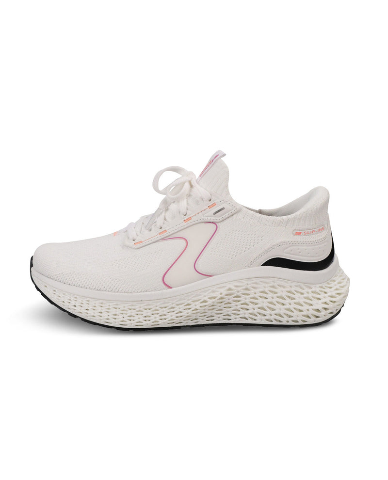 A white athletic sneaker with a textured, honeycomb-like midsole, featuring a pink wave-like accent on the side and a small black detail near the heel.