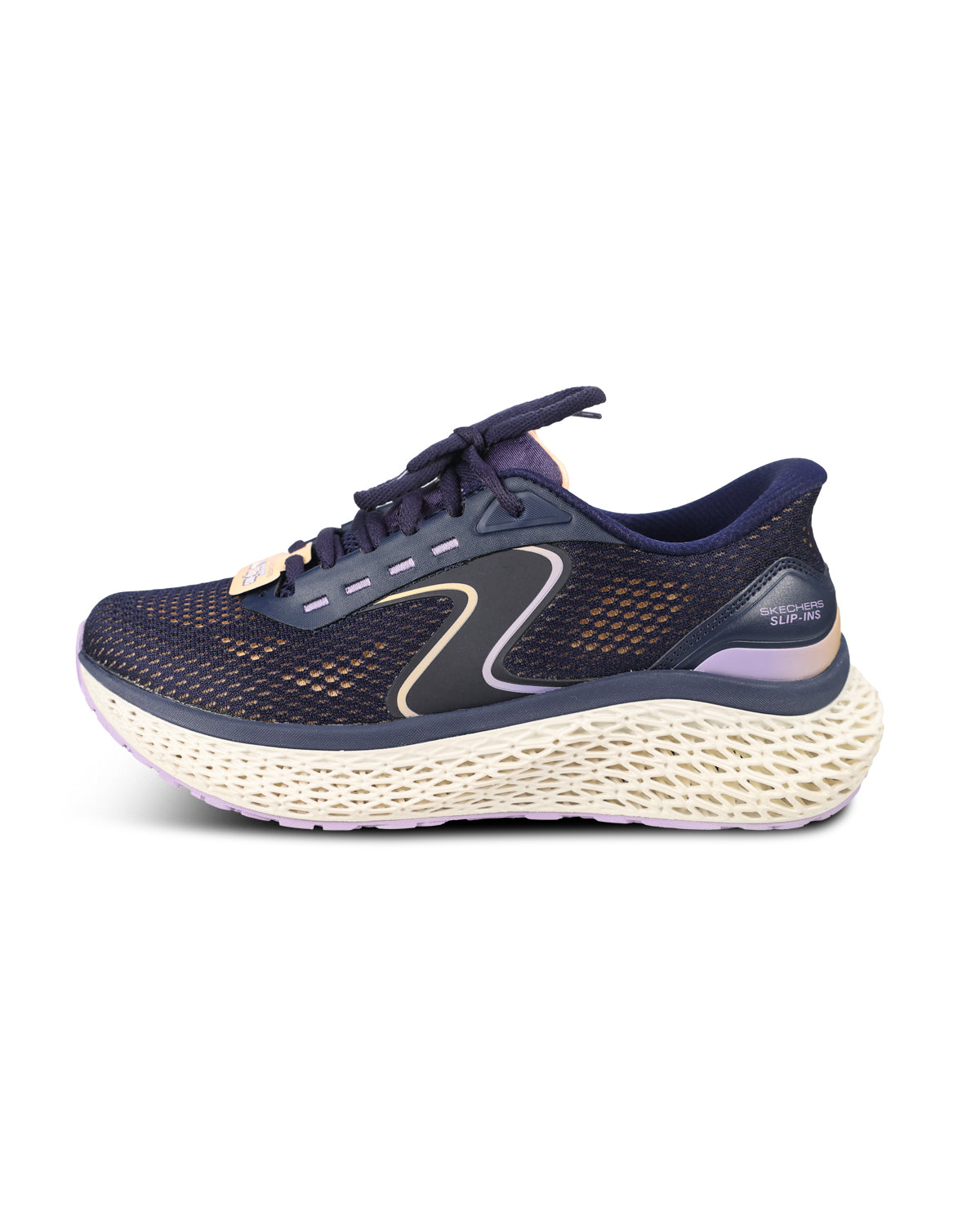 A single athletic sneaker shown from the side profile against a plain white background. The shoe features a dark navy blue mesh upper with a prominent black and gold 'S' logo, a thick textured cream-colored midsole, and a small purple accent near the heel.