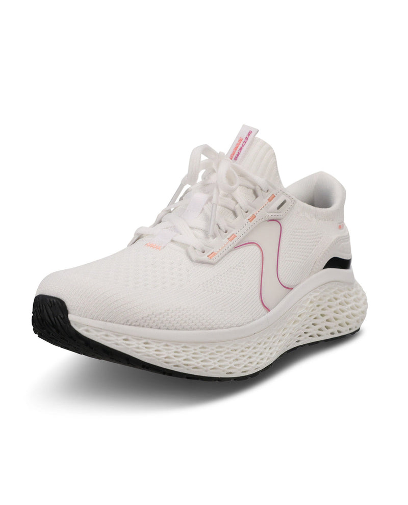 A white athletic sneaker with a textured knit upper, a thick white cushioned sole, and light pink accent lines on the side and tongue, shown against a plain white background.
