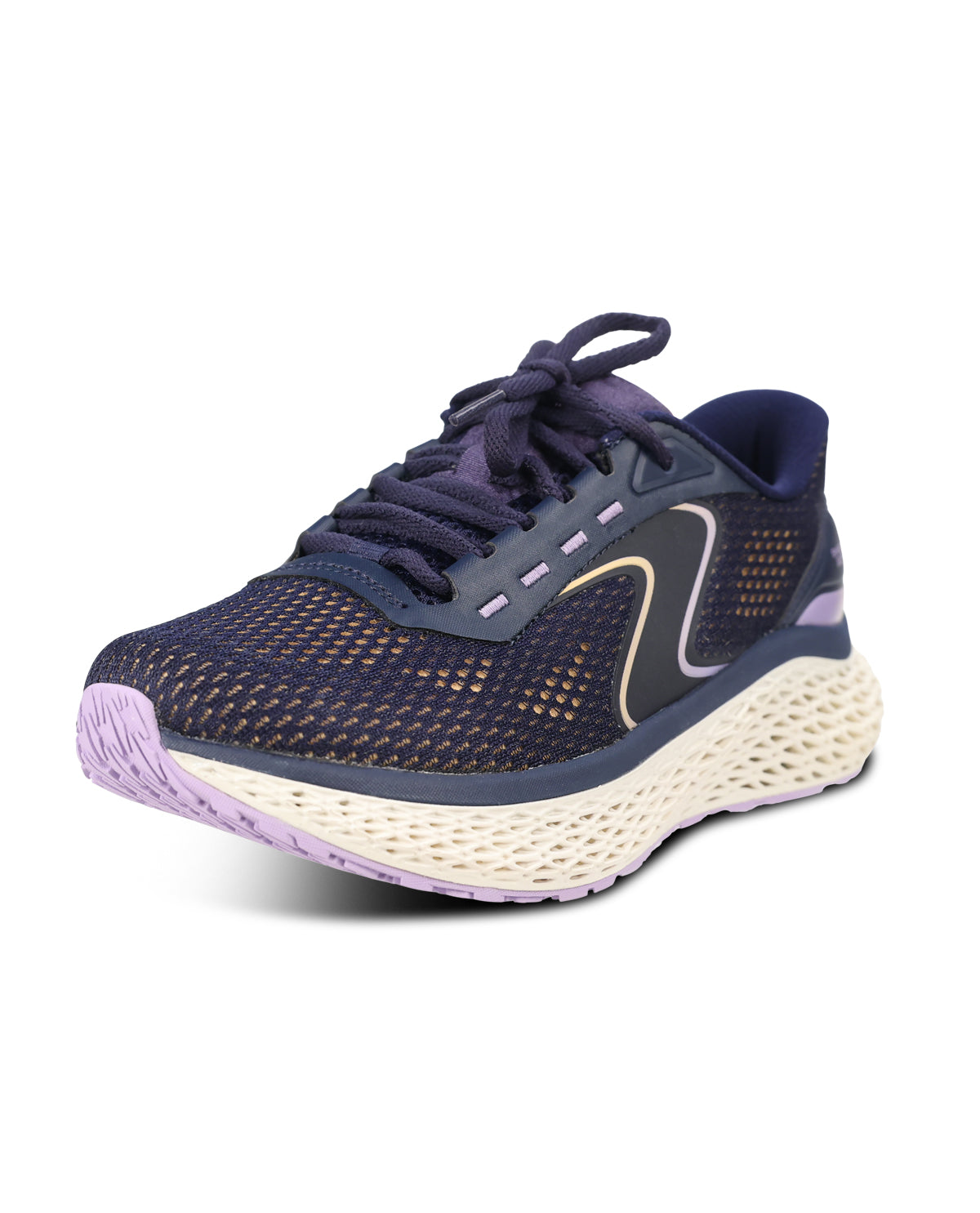 A single athletic running shoe shown from a three-quarters angle on a white background. The upper is a dark navy blue mesh, with a thick, textured off-white midsole and light purple accents on the toe cap, heel, and laces.