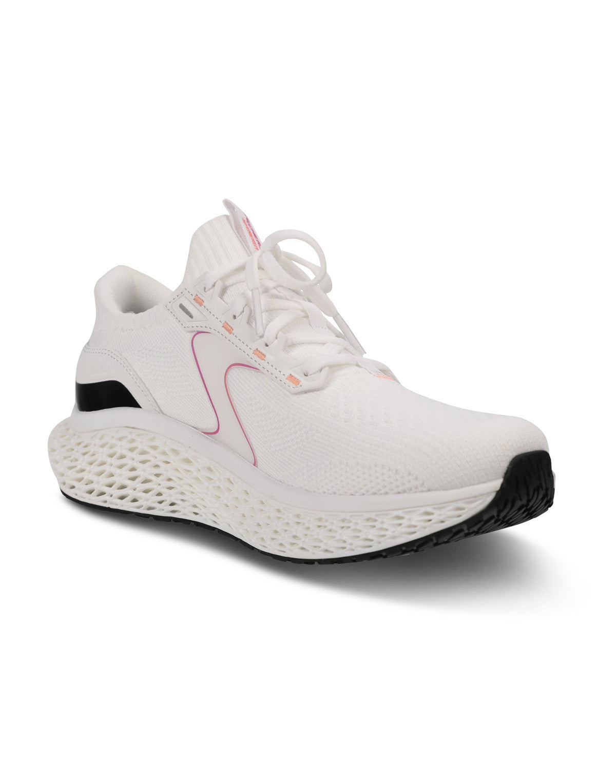 A white athletic sneaker with a textured knit upper, white laces, a chunky white perforated midsole, and black accents on the heel and outsole, shown against a plain white background.