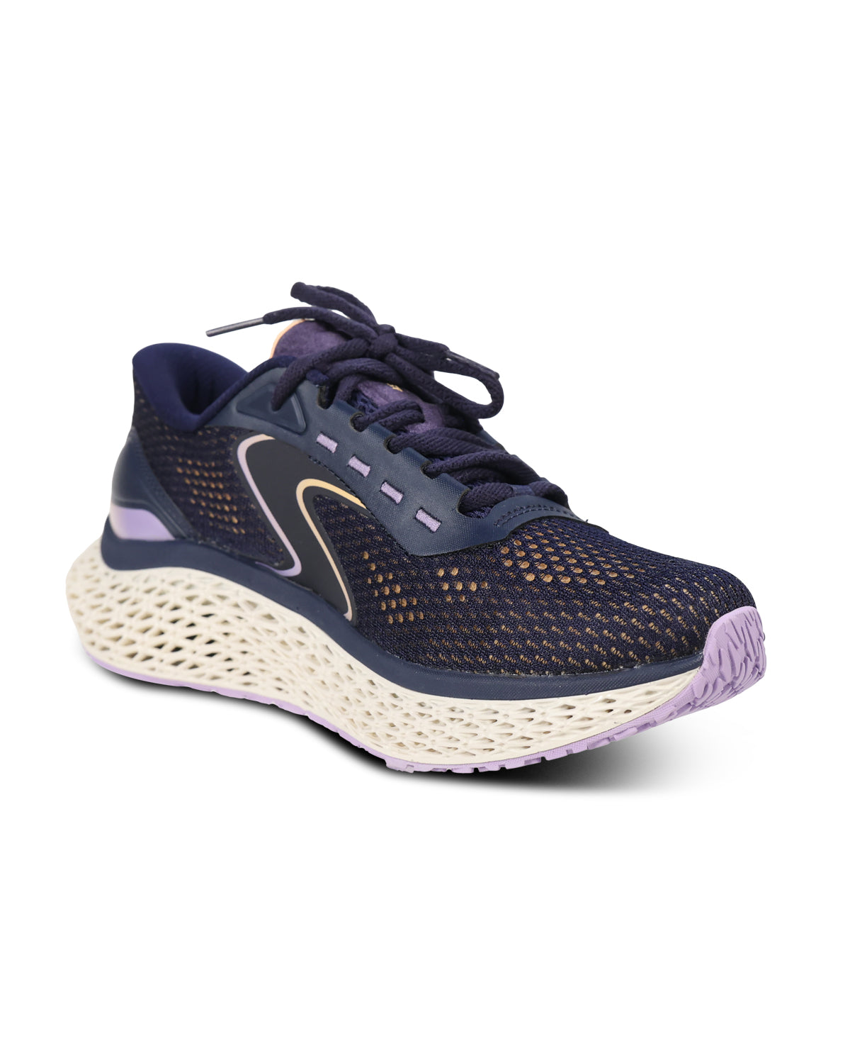 A single athletic sneaker shown from a three-quarters angle on a white background. The shoe features a dark navy blue mesh upper, a thick cream-colored 3D-printed sole with purple accents, and a purple and navy blue heel collar.