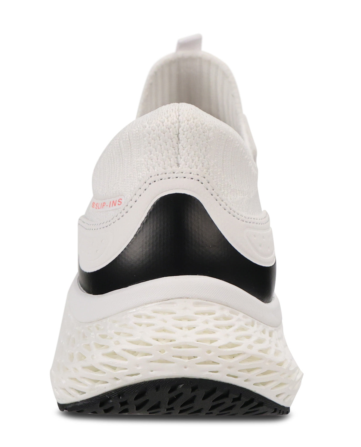 A close-up rear view of a white and black athletic sneaker with a textured white sole and a small pink 'AIRPLING' logo on the side, set against a plain white background.
