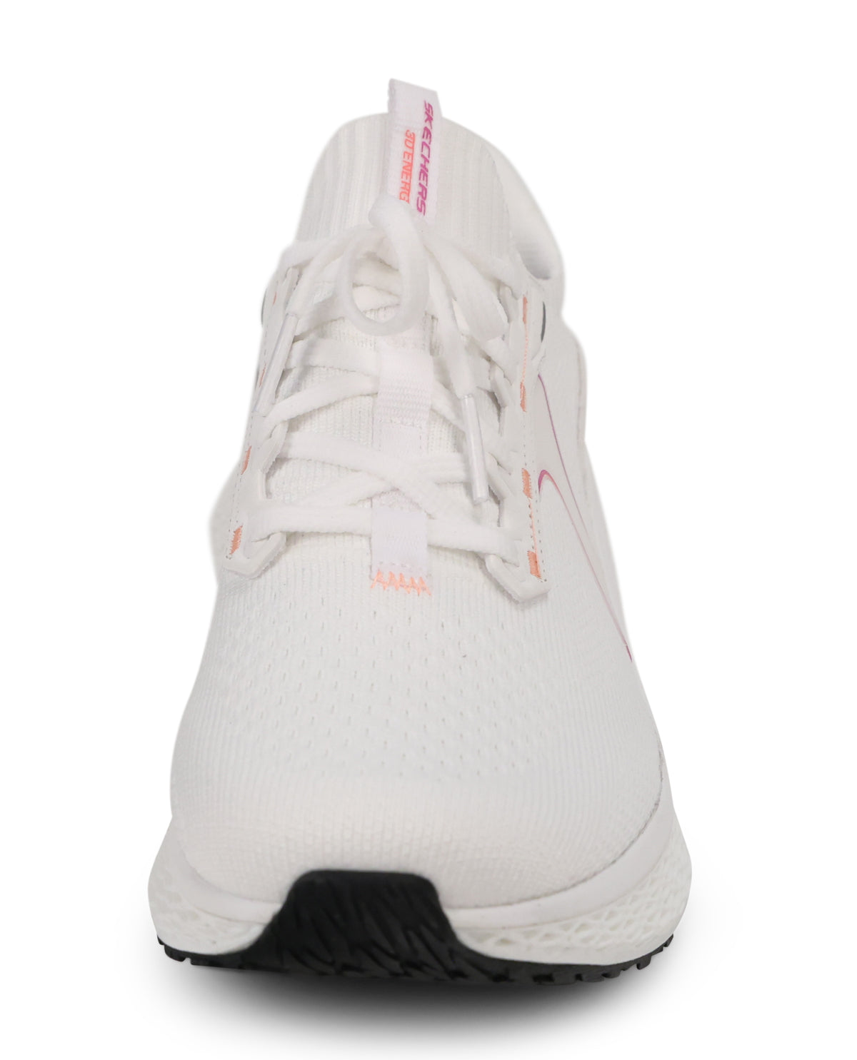 A white athletic sneaker shown from a front-facing angle against a plain white background, featuring a textured knit upper, white laces, and a black outsole.
