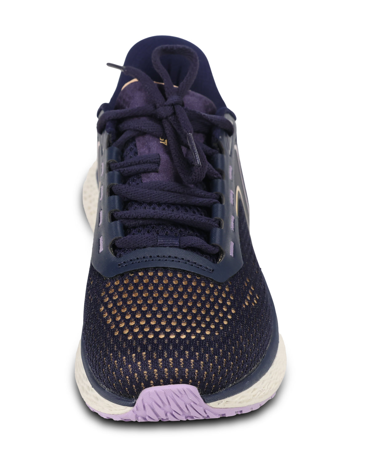 A single Nike running shoe shown from the front on a white background. The shoe features a dark navy blue mesh upper with gold-colored stitching details, navy laces, a white midsole, and a light purple outsole.