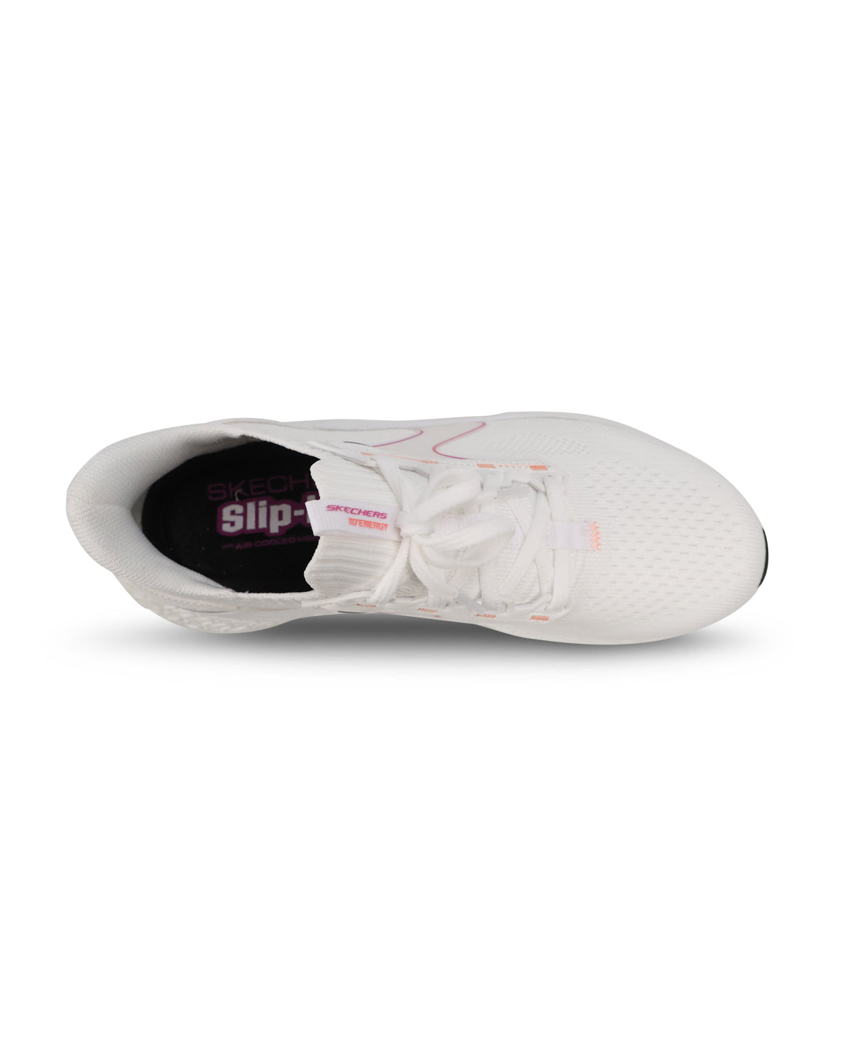 A white athletic shoe shown from a side profile view against a plain white background, featuring a black interior lining with 'Slip-1' branding.