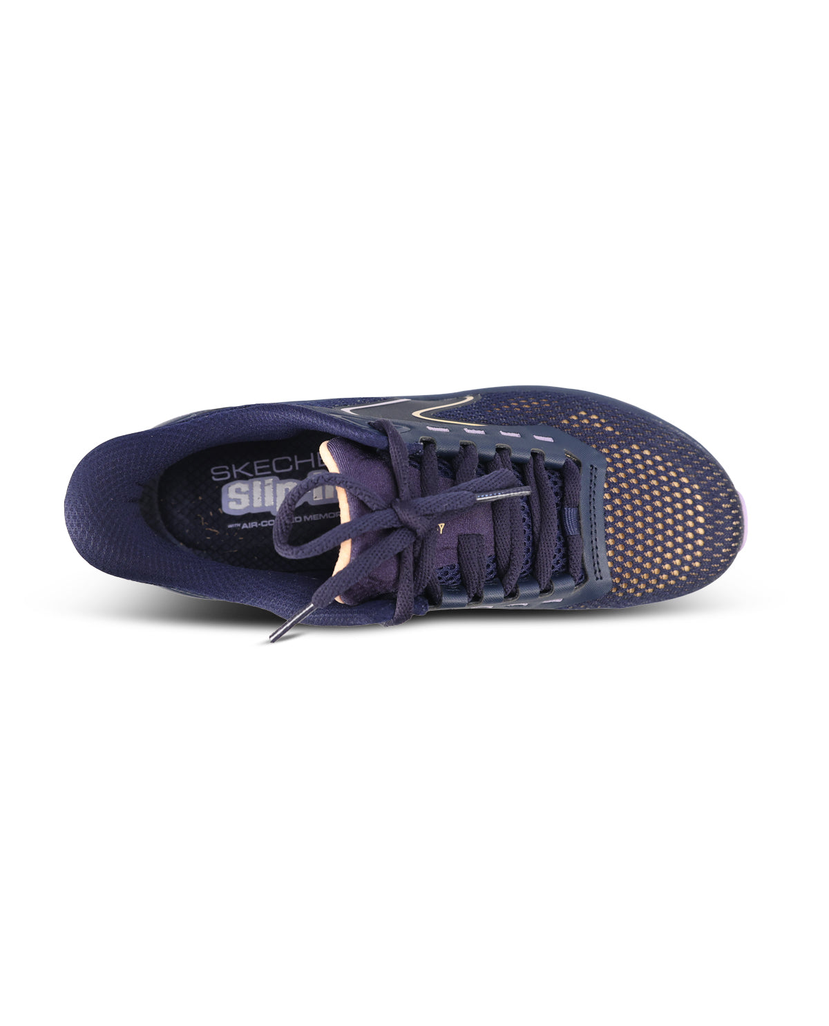 A single Skechers Surf sneaker shown from a top-down view, featuring a navy blue mesh upper, matching navy laces, and a white brand logo on the side.
