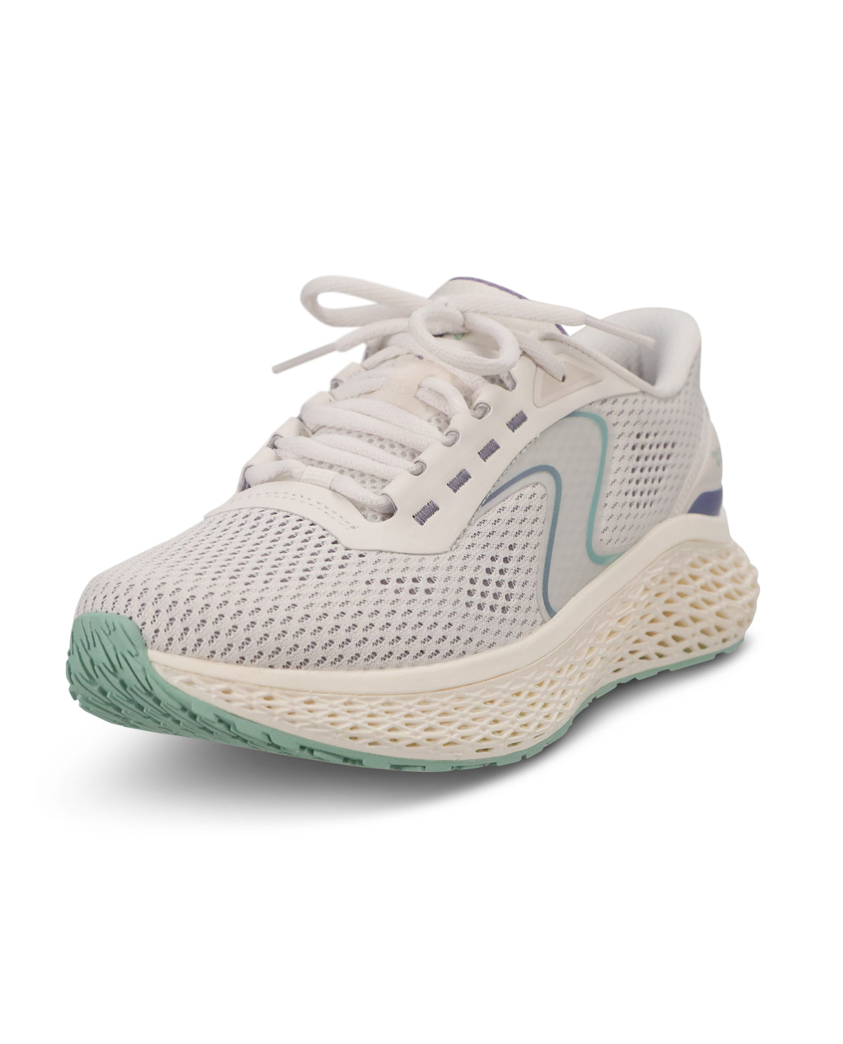 A white and light gray mesh athletic sneaker with a distinctive 3D-printed, textured beige midsole and mint green accents on the outsole and heel.