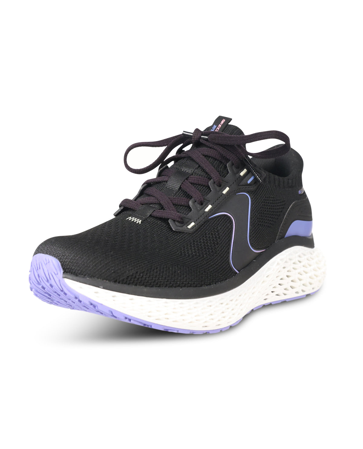A black athletic sneaker with a white textured midsole and purple accents on the outsole and heel, shown against a plain white background.
