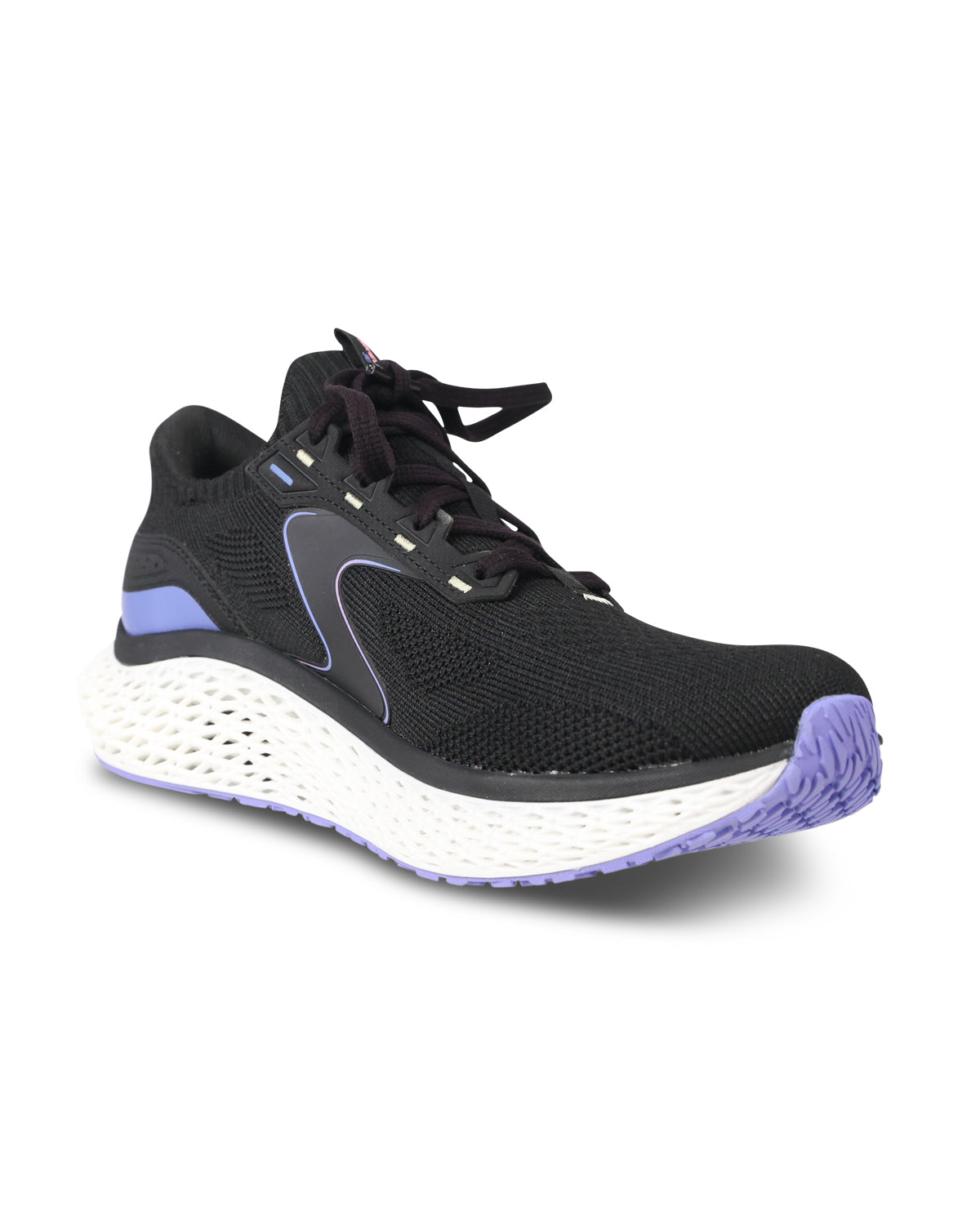 A black athletic sneaker with a thick white textured midsole and purple accents on the heel and outsole, shown from a three-quarters angle on a white background.
