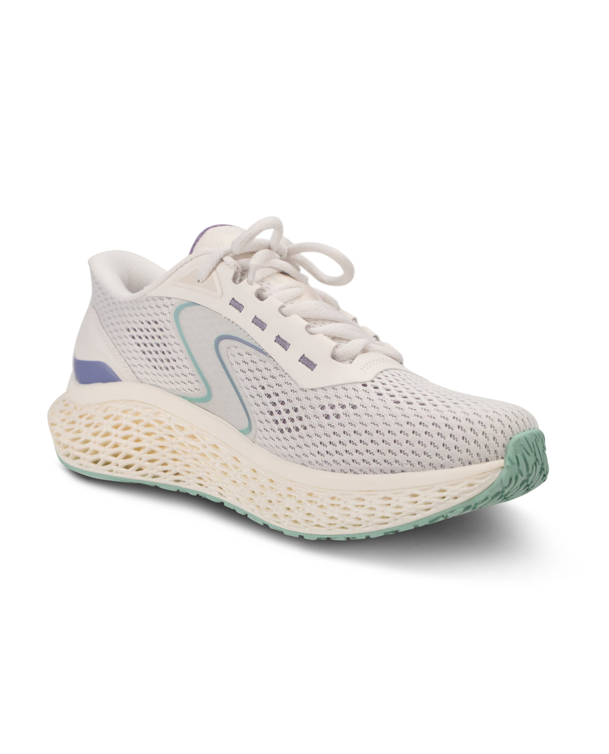 A white and light gray 3D-printed running shoe with mint green and lavender accents, shown from a three-quarters angle on a white background.