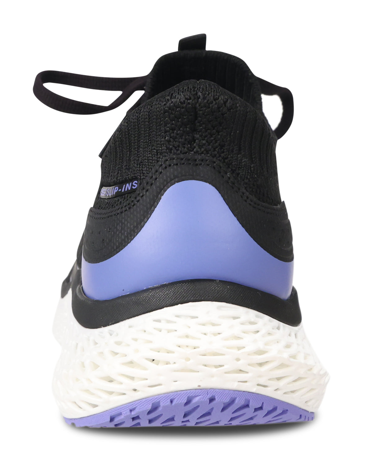 A close-up rear view of a black running shoe with a prominent light purple/lavender midsole accent and matching outsole, featuring a white textured 3D-printed foam base.