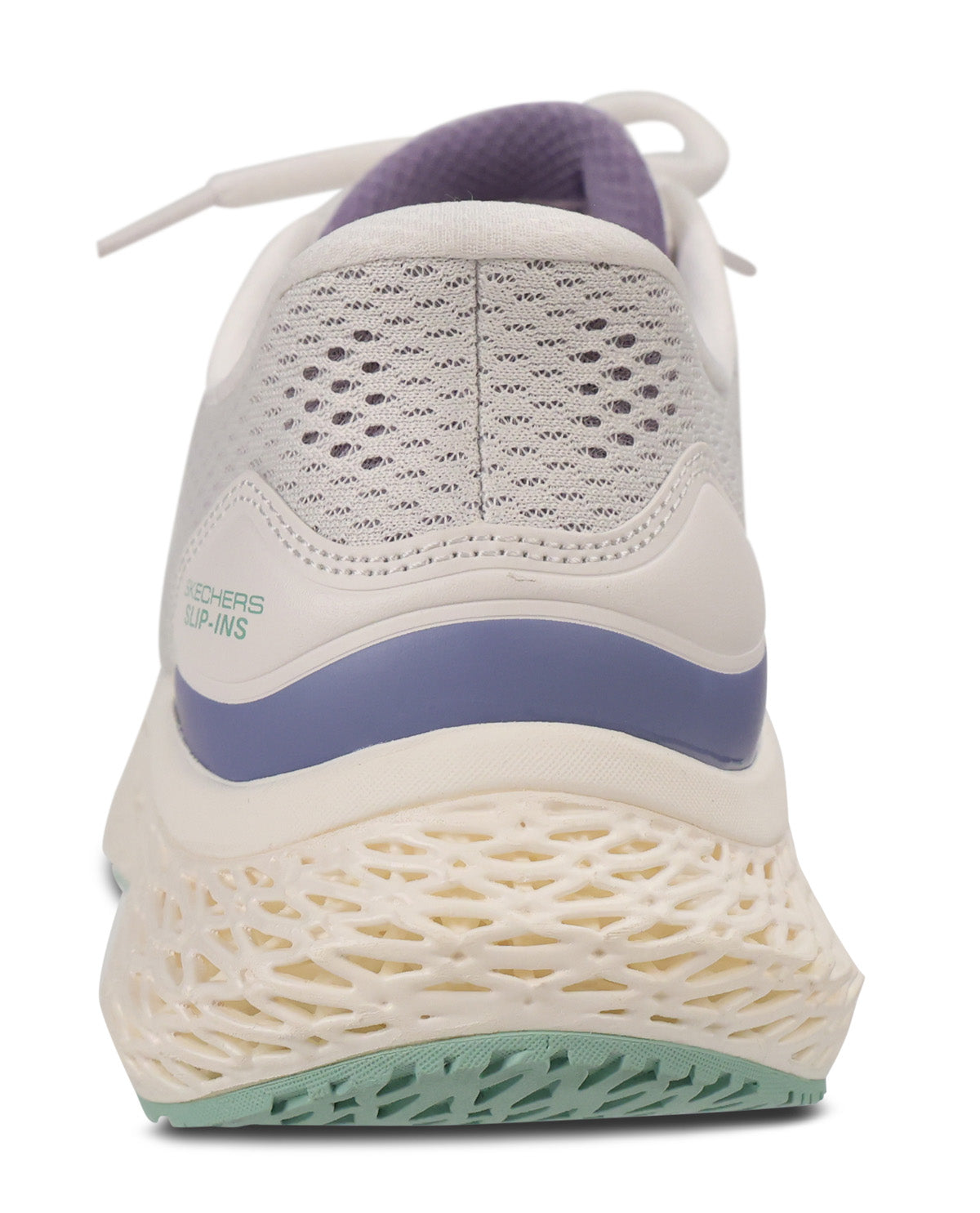 Close-up rear view of a Skechers Ultra Run sneaker showing the heel counter, textured mesh upper, purple collar lining, and a chunky cream-colored 3D-printed cushioned sole with a mint green outsole.