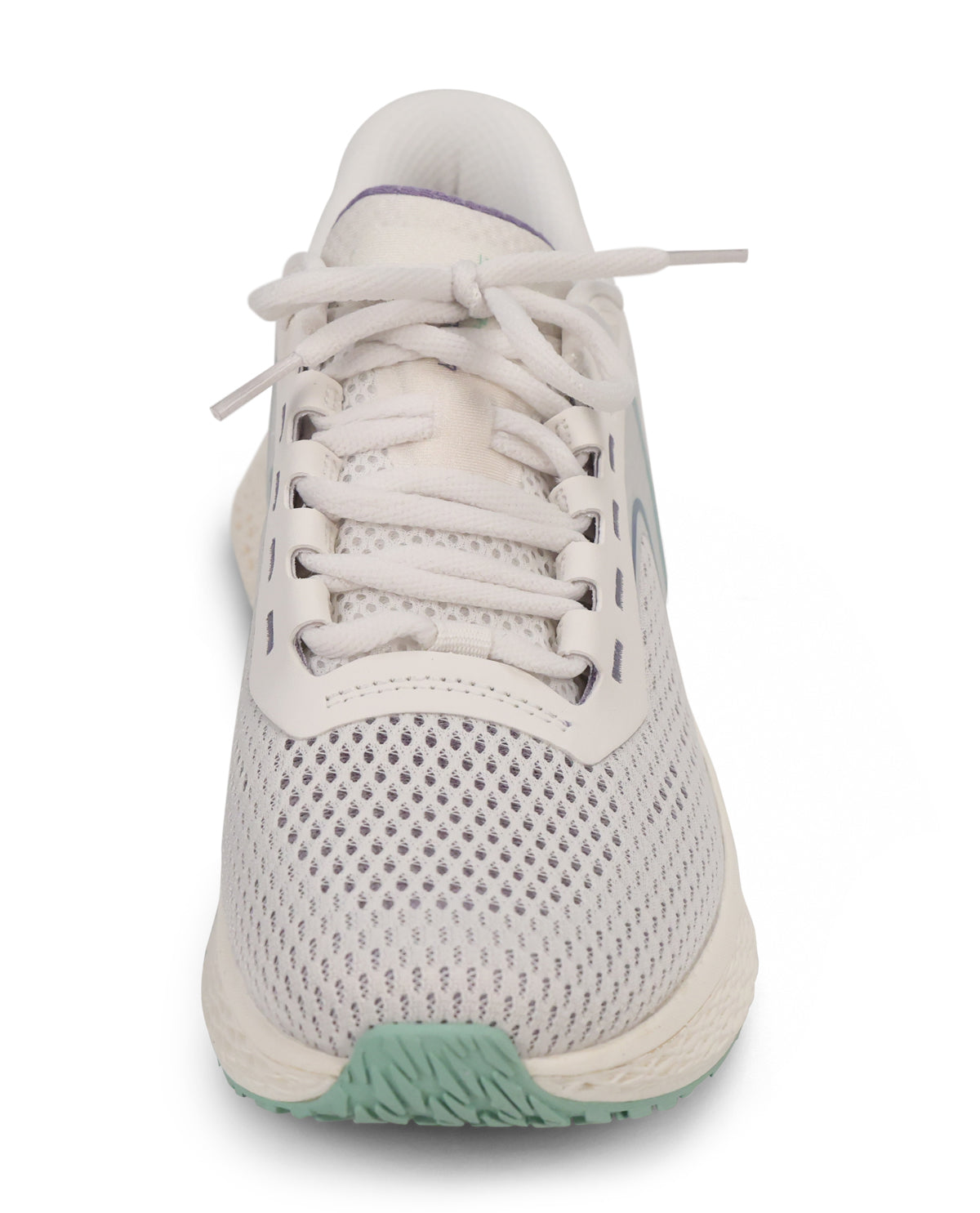 A white mesh athletic sneaker with white laces and a mint green outsole, shown from a front-facing perspective on a white background.