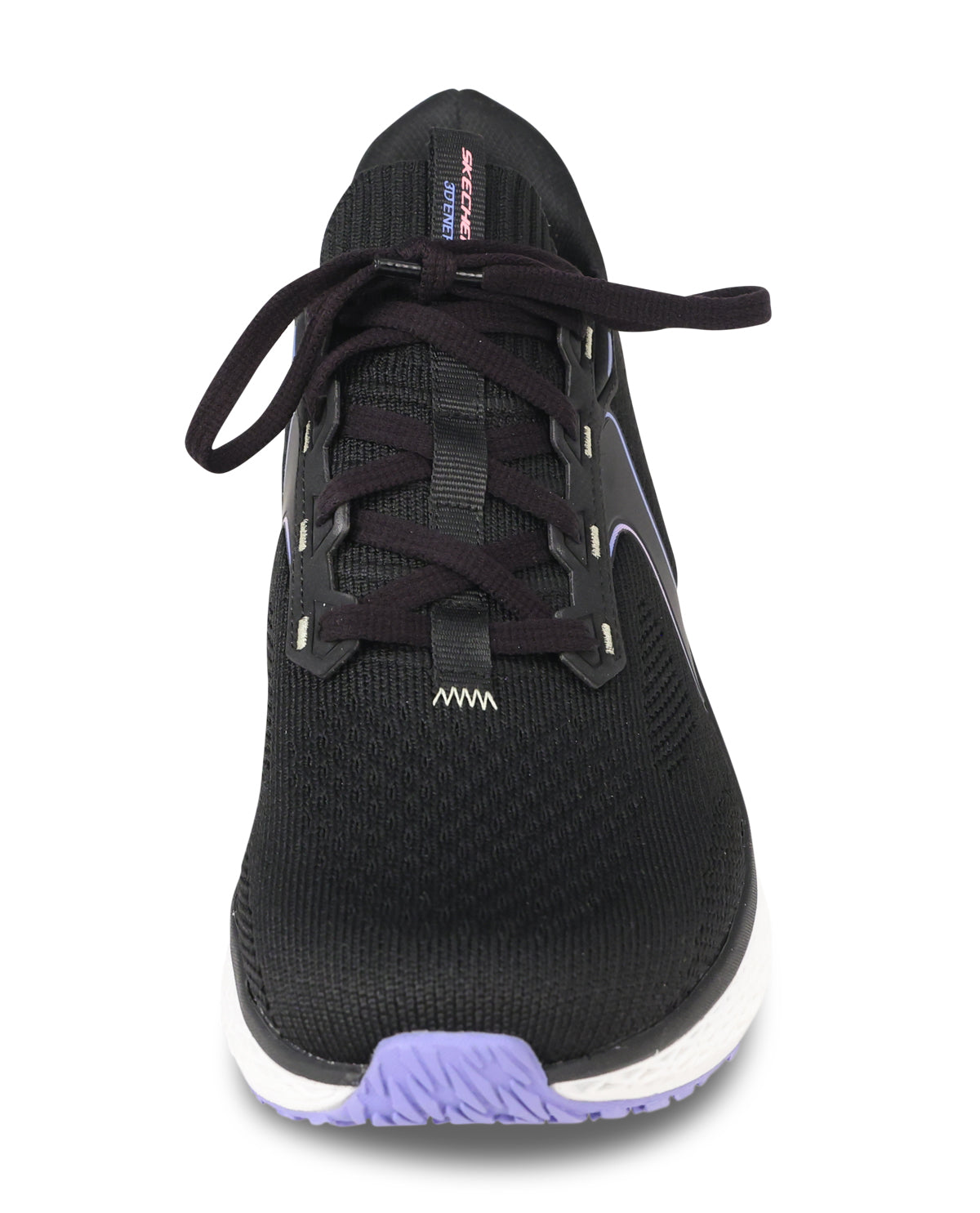 A black Nike running shoe with a textured knit upper, black laces, a white midsole, and a purple outsole, shown from a front-facing perspective on a white background.