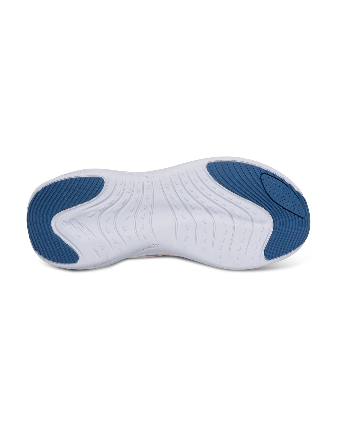 White athletic shoe with blue accents on a white background
