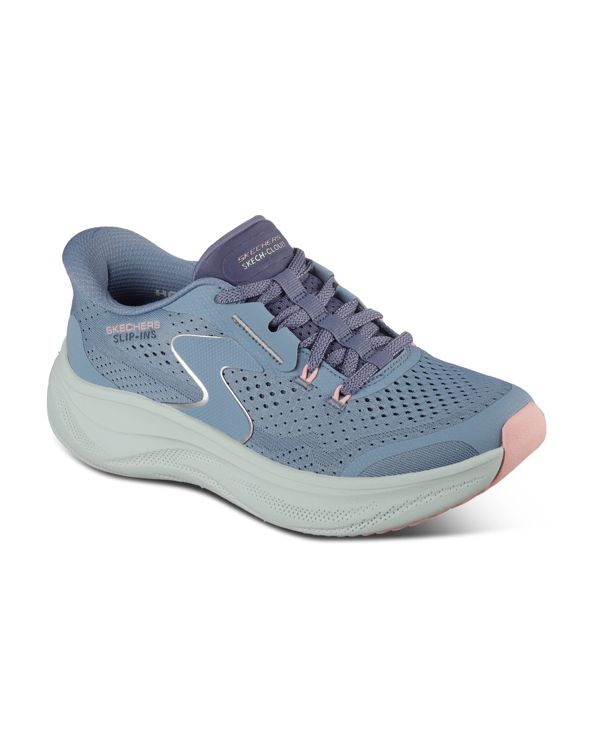 Slate running shoe with pink accents on a white background