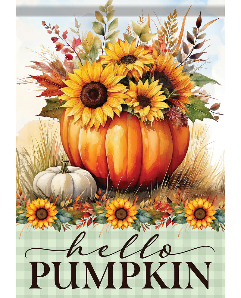 A decorative autumn-themed print or sign featuring a large orange pumpkin filled with sunflowers, a small white pumpkin, fall leaves, and the text 'hello PUMPKIN' on a pale green plaid background.