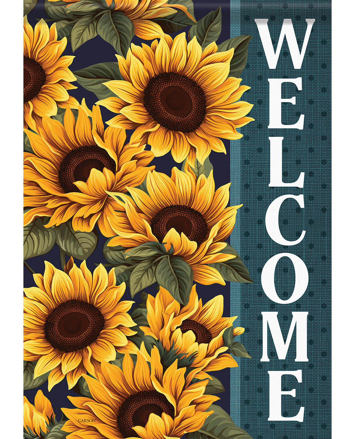 A decorative garden flag featuring a pattern of yellow sunflowers with green leaves on the left side and the word 'WELCOME' printed vertically in white on a dark teal patterned background on the right.