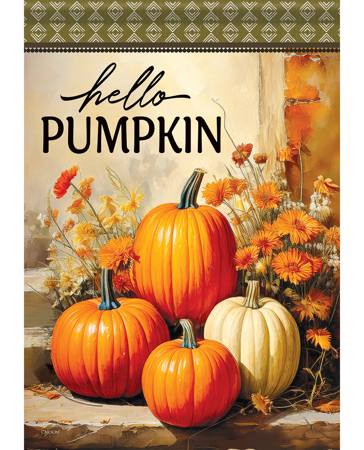 A decorative autumn-themed print or sign featuring three pumpkins and orange flowers with the words 'hello PUMPKIN' in large black script and block lettering. The top border has a repeating geometric pattern in muted green, beige, and brown tones.