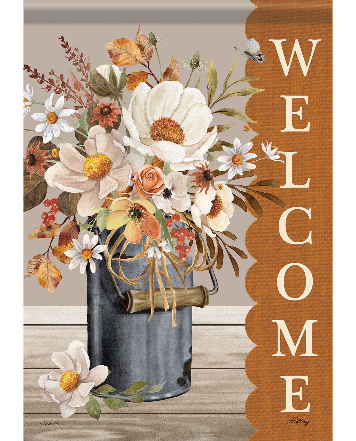 A decorative wall sign or print featuring a floral arrangement in a galvanized metal bucket, with a vertical brown panel on the right reading “WELCOME” in large cream letters. The design includes white, peach, orange, and brown flowers with green leaves on a beige background and wood plank surface.