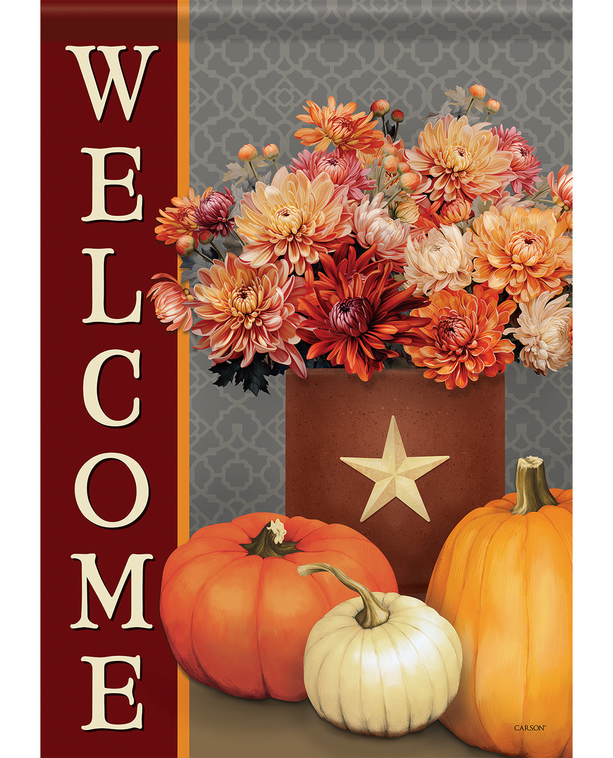 A decorative fall-themed sign or print featuring a vertical dark red 'WELCOME' panel on the left, a patterned gray background, a brown flower pot filled with orange, peach, and cream dahlias, and three pumpkins in orange, cream, and yellow at the bottom.