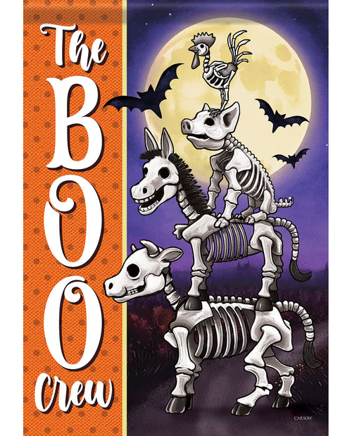 Halloween-themed graphic print featuring three animal skeletons—a zebra, a donkey, and a rooster—stacked against a large full moon in a purple night sky with bats. A vertical orange panel on the left reads 'The BOO Crew' in large white letters.