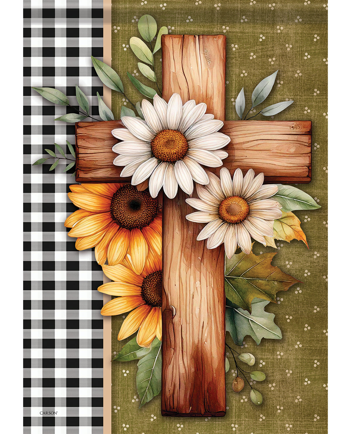 A decorative cross design featuring a rustic wooden cross overlaid with white daisies, yellow sunflowers, and green leaves on an olive green textured background, with a black-and-white gingham strip along the left edge.