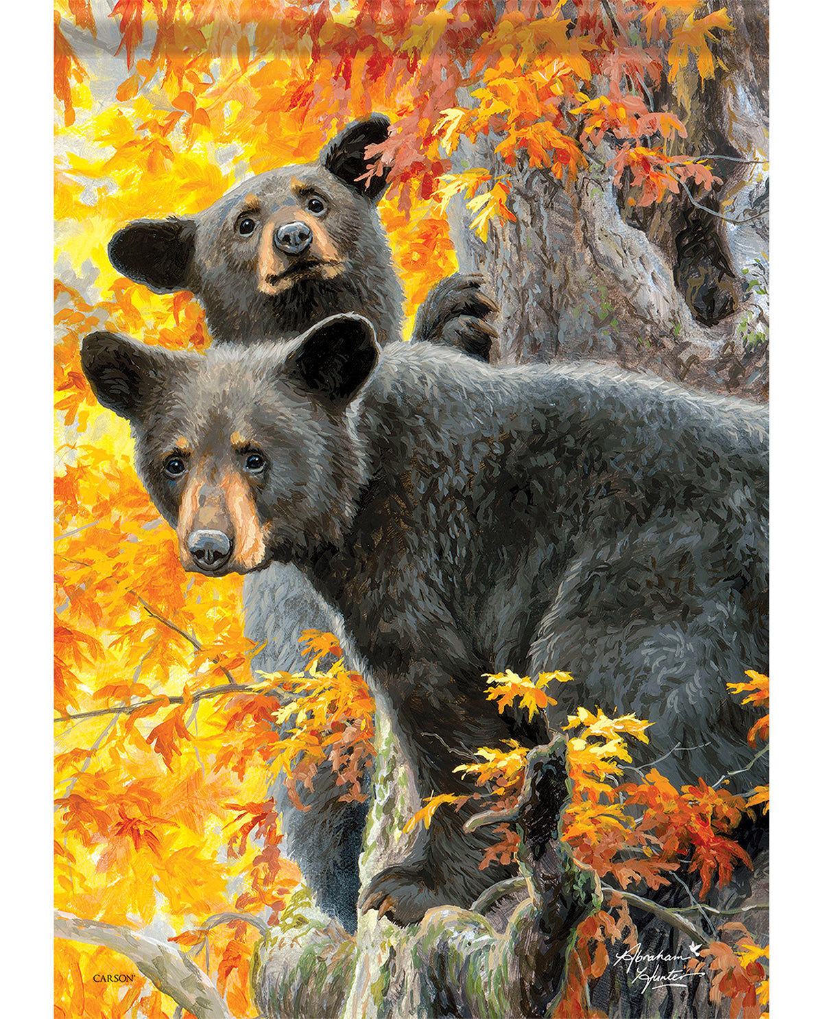 A wildlife art print depicting two black bears in an autumn forest with vibrant orange and yellow foliage.