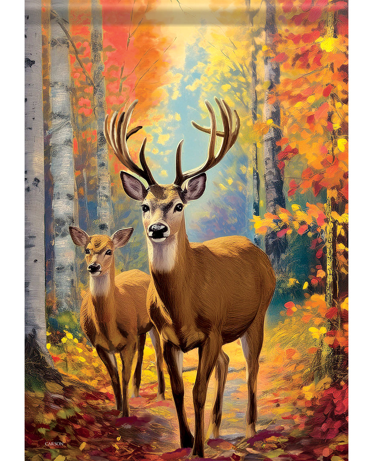 A vertical art print or poster depicting two deer in an autumn forest with birch trees and colorful fall foliage. The deer are centered on a path, with warm orange, yellow, red, and blue tones throughout the scene.