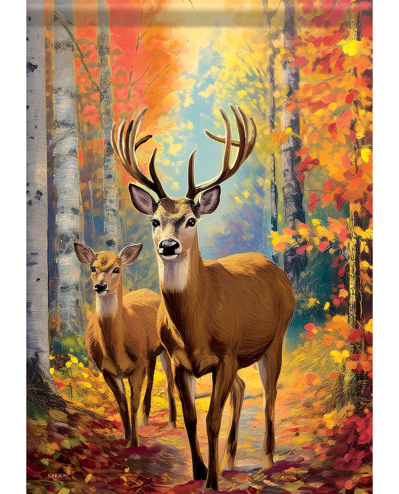 A vertical art print or poster depicting two deer in an autumn forest with birch trees and colorful fall foliage. The deer are centered on a path, with warm orange, yellow, red, and blue tones throughout the scene.