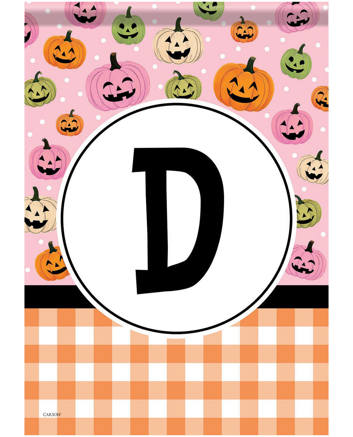 A square Halloween-themed decorative print or flag featuring a pink background with scattered jack-o'-lanterns in orange, green, and cream, a large black letter D inside a white oval in the center, and an orange-and-white gingham pattern along the bottom.