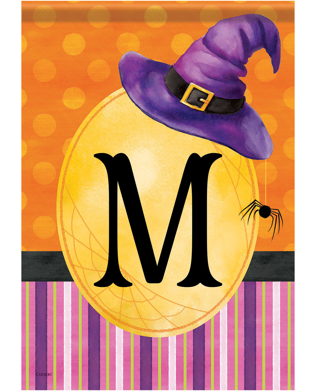Halloween-themed decorative graphic with a large black letter M on a yellow oval, a purple witch hat, a small spider, orange polka dots, and purple-and-white stripes.