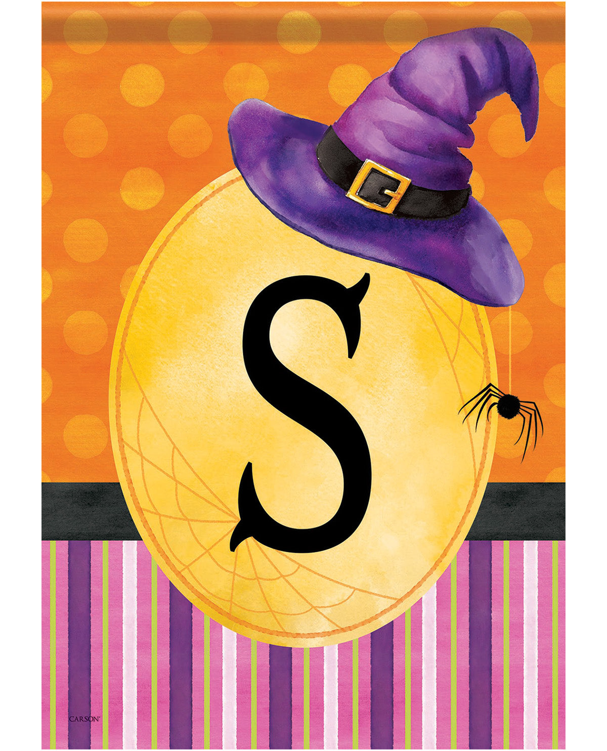 Halloween-themed decorative sign or print featuring a large yellow oval with a black letter S, topped with a purple witch hat, on an orange polka-dot background with purple and pink vertical stripes at the bottom and a small spider on the right.