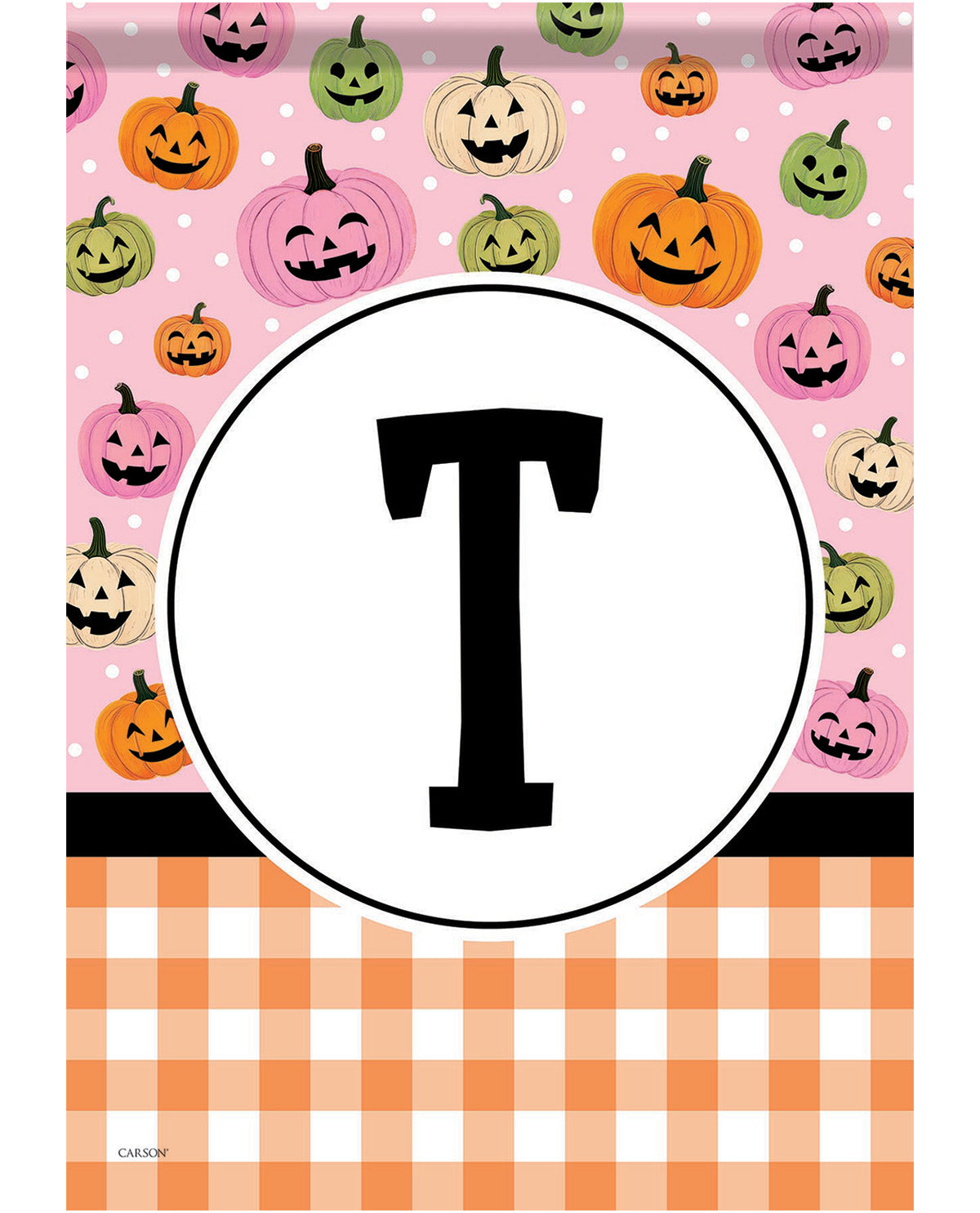 A square decorative print or flag design featuring a large black letter T inside a white oval on a pink background with scattered jack-o'-lantern pumpkins, plus an orange-and-white gingham section at the bottom.