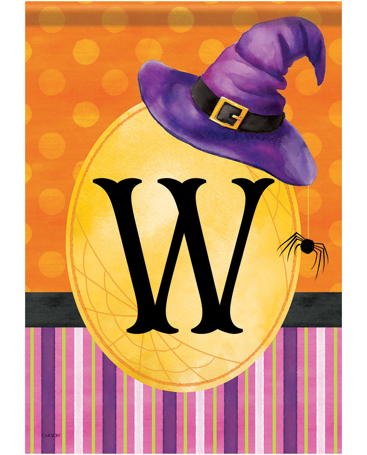 Halloween-themed decorative print featuring a large black letter W inside a yellow oval, topped with a purple witch hat, on an orange polka-dot background with purple and pink vertical stripes at the bottom and a small spider on the right.