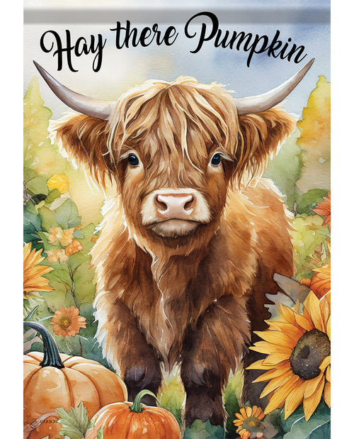 Cute cow surrounded by pumpkins and sunflowers with 'Hay there Pumpkin' text.