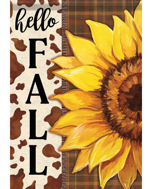 Decorative sign with sunflower and 'hello FALL' text on a plaid and brown patterned background