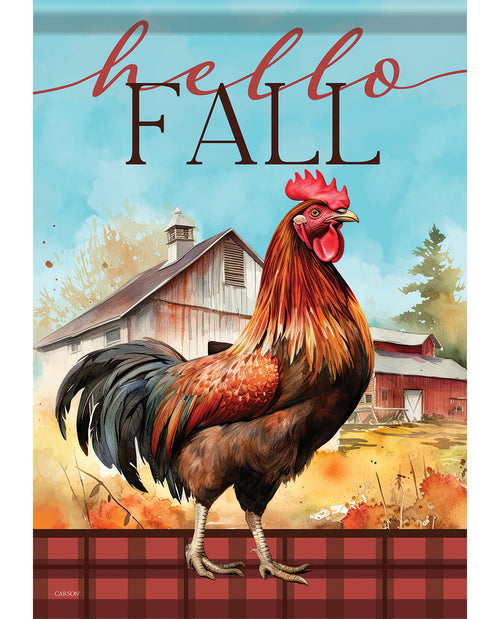 Rooster on a farm with 'hello Fall' text and plaid border