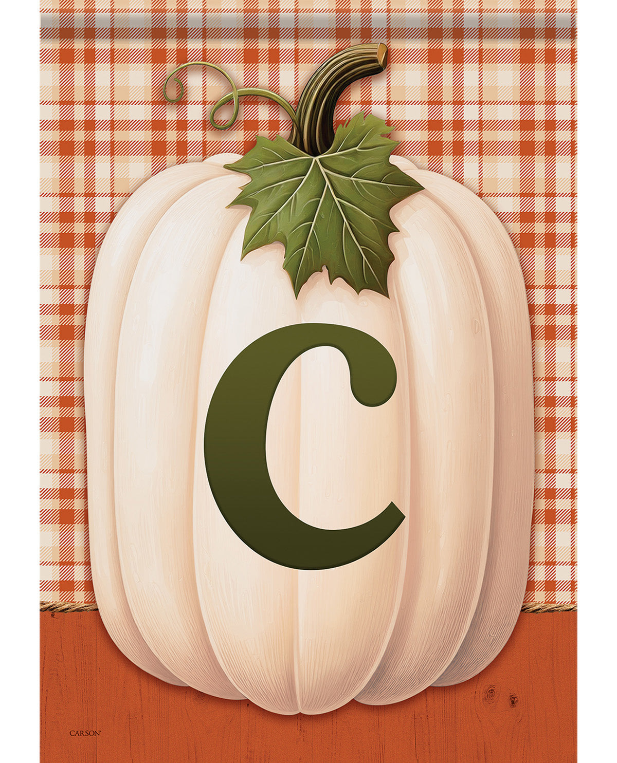 A decorative autumn flag or sign featuring a large cream-colored pumpkin with a dark green leaf and stem, a bold dark green letter C on the front, an orange and white plaid background, and an orange wood-textured bottom section.