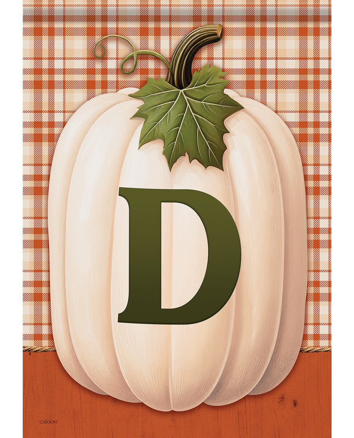 A decorative pumpkin-themed print or sign featuring a large cream-colored pumpkin with a dark green leaf and stem, a bold dark green letter D on the front, an orange-and-white gingham background, and an orange wood-textured lower section.