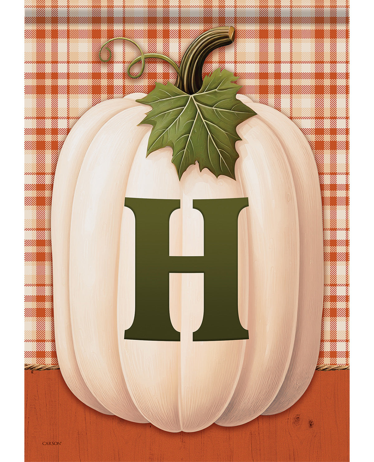 A decorative fall-themed graphic featuring a large cream-colored pumpkin with a dark green leaf and stem, overlaid with a large dark green letter H. The background includes an orange and white plaid pattern at the top and a solid orange-brown wood texture at the bottom.