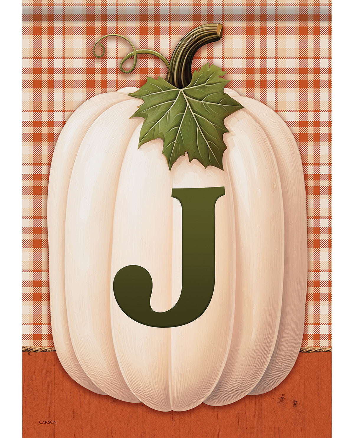A decorative autumn flag or sign featuring a large cream-colored pumpkin with a dark green leaf and stem, overlaid with a dark green letter J. The background includes an orange and white gingham pattern and a warm orange-brown wood texture at the bottom.