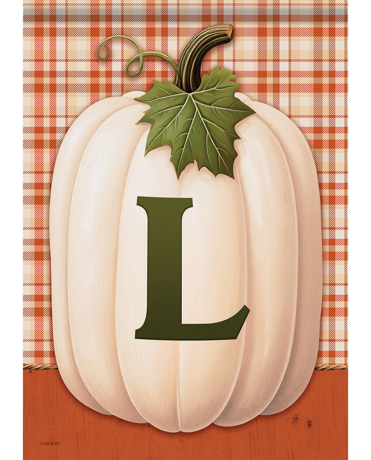 A decorative pumpkin wall flag or print featuring a large cream-colored pumpkin with a dark green leaf and stem, a dark green letter L on the front, and an orange-and-cream gingham background with an orange bottom border.