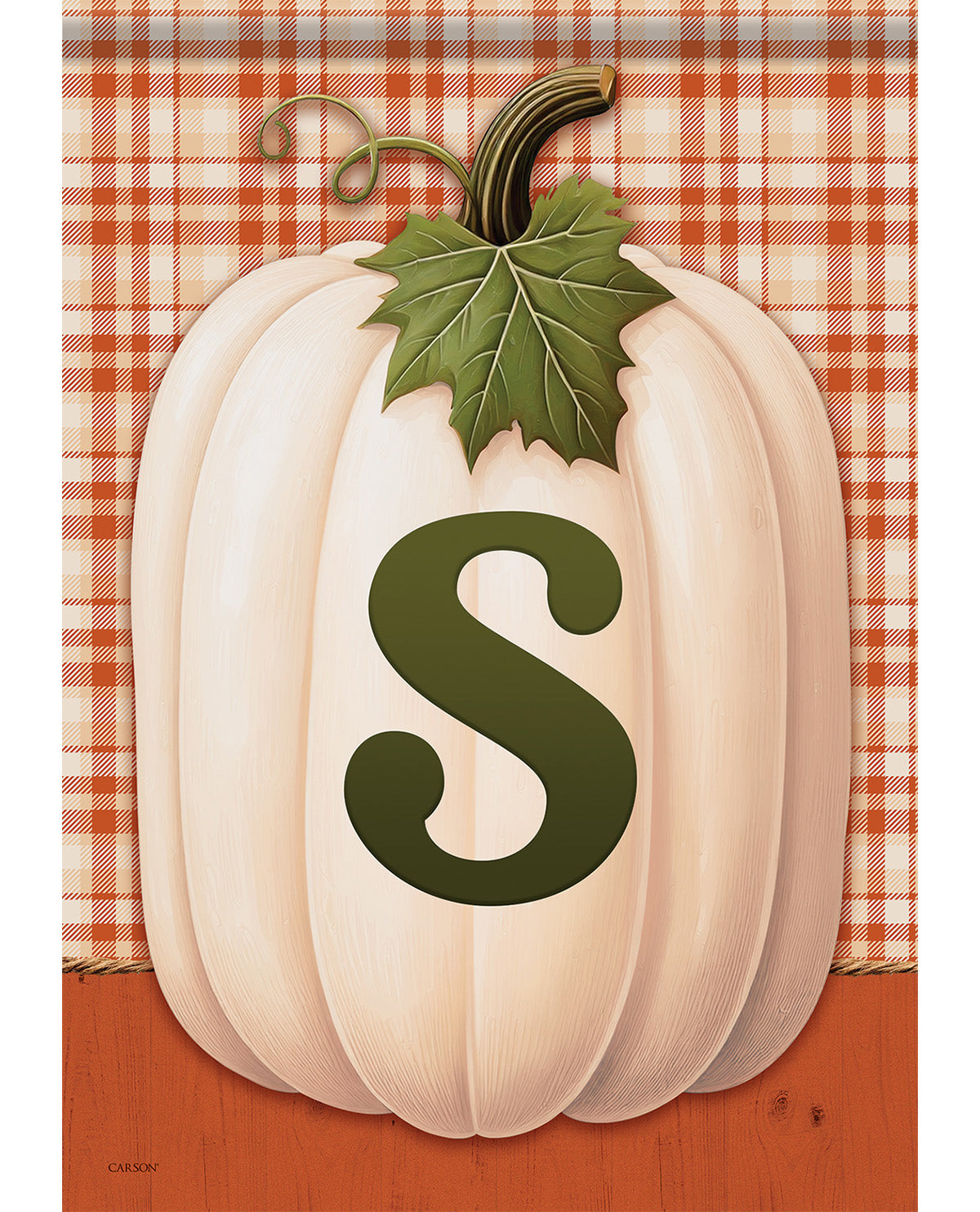 A decorative pumpkin design with a large dark green monogram letter S on the front, a green leaf and stem at the top, set against an orange and white gingham background with an orange wood-textured lower section.