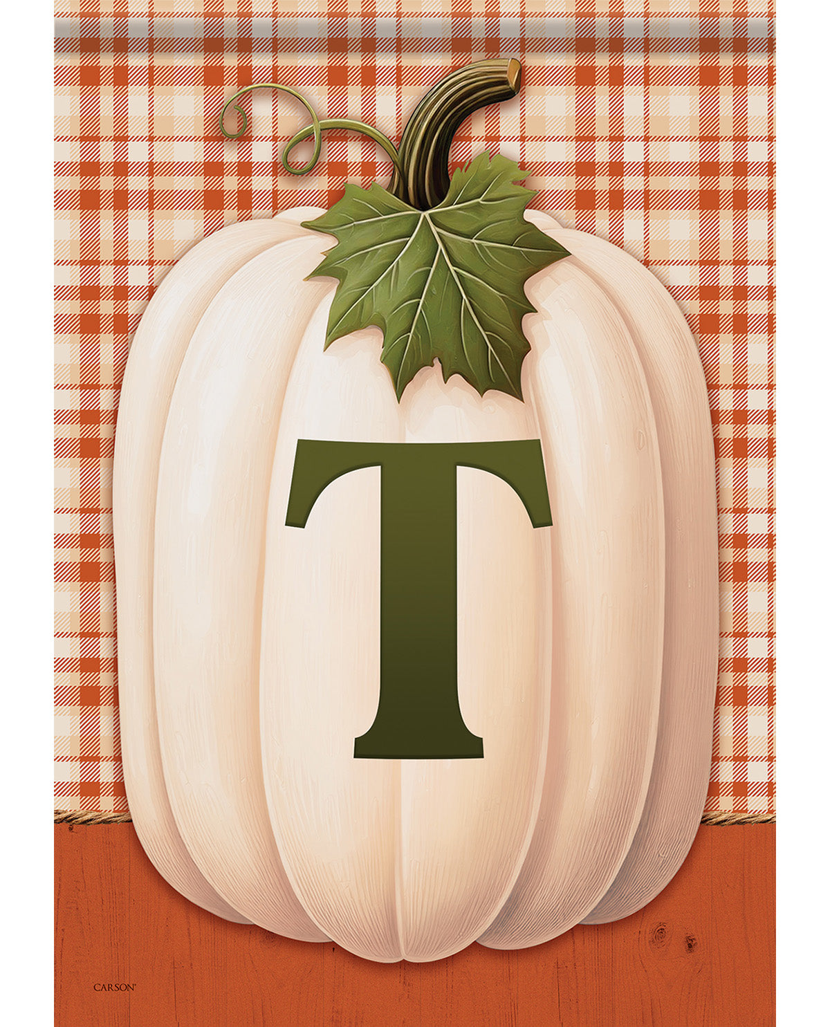 A decorative fall-themed graphic featuring a large cream-colored pumpkin with a dark green leaf and stem, overlaid with a large dark green letter T. The background includes an orange and white plaid pattern above and a solid orange-brown band below.