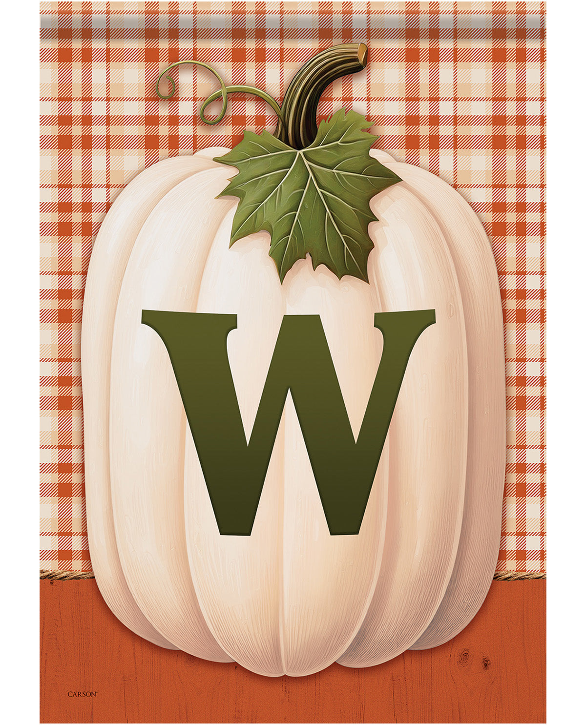A decorative autumn-themed graphic featuring a large cream-colored pumpkin with a dark green leaf and stem, overlaid with a large dark green letter W. The pumpkin sits on an orange-brown wood-textured background with an orange and white plaid pattern behind it.