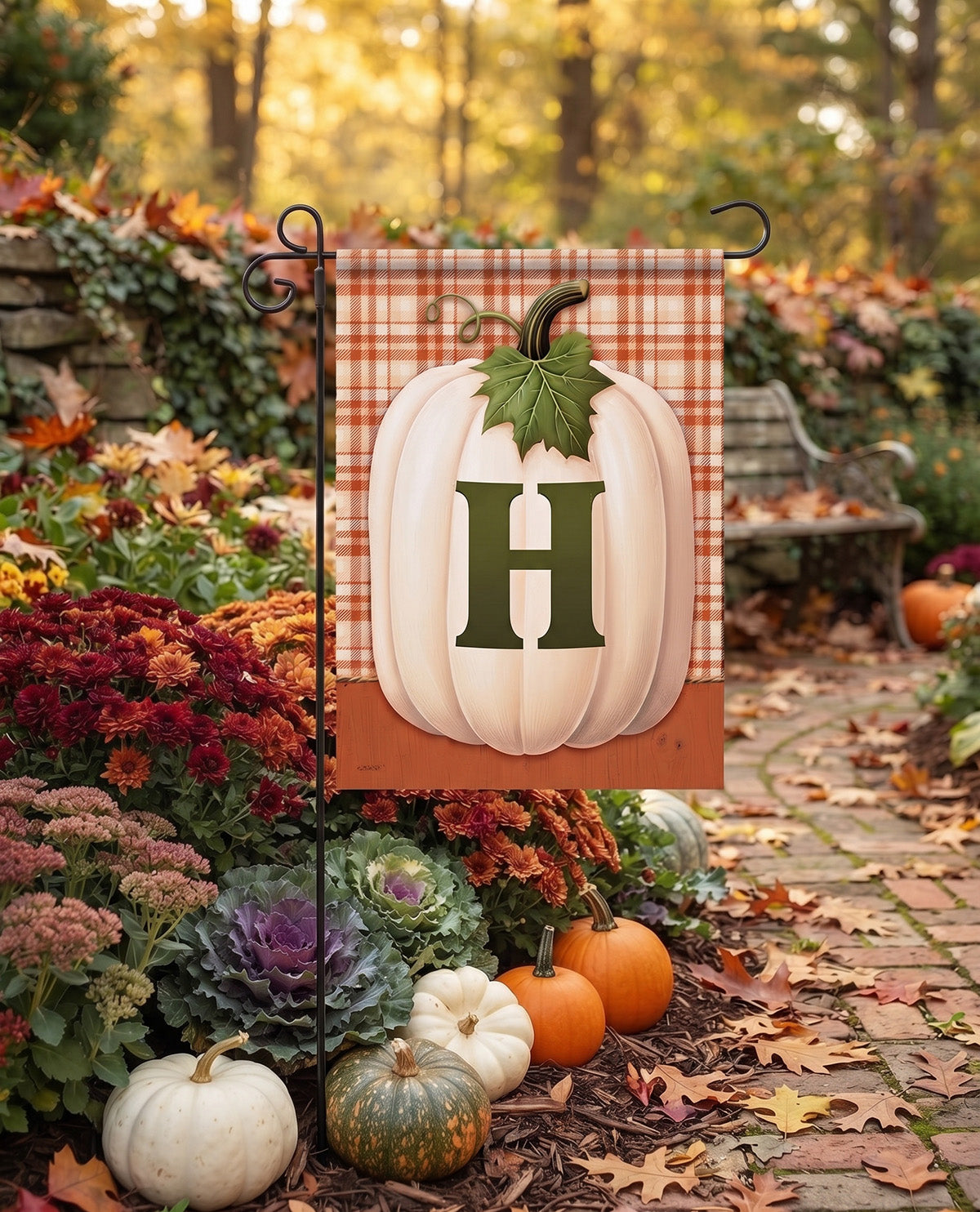 Carson Plaid Monogram Pumpkin Garden Flag