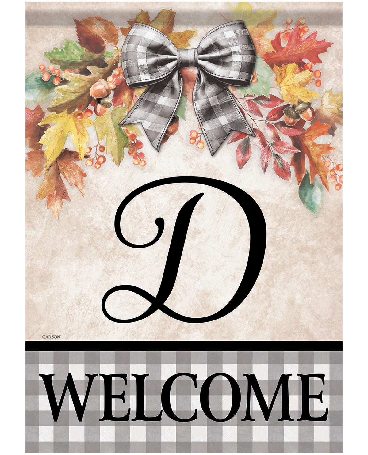 A fall-themed decorative sign or door mat with a large black script letter D in the center, a gray-and-white buffalo plaid bow at the top, autumn leaves and berries around it, and the word WELCOME in black text on a gray plaid band at the bottom.