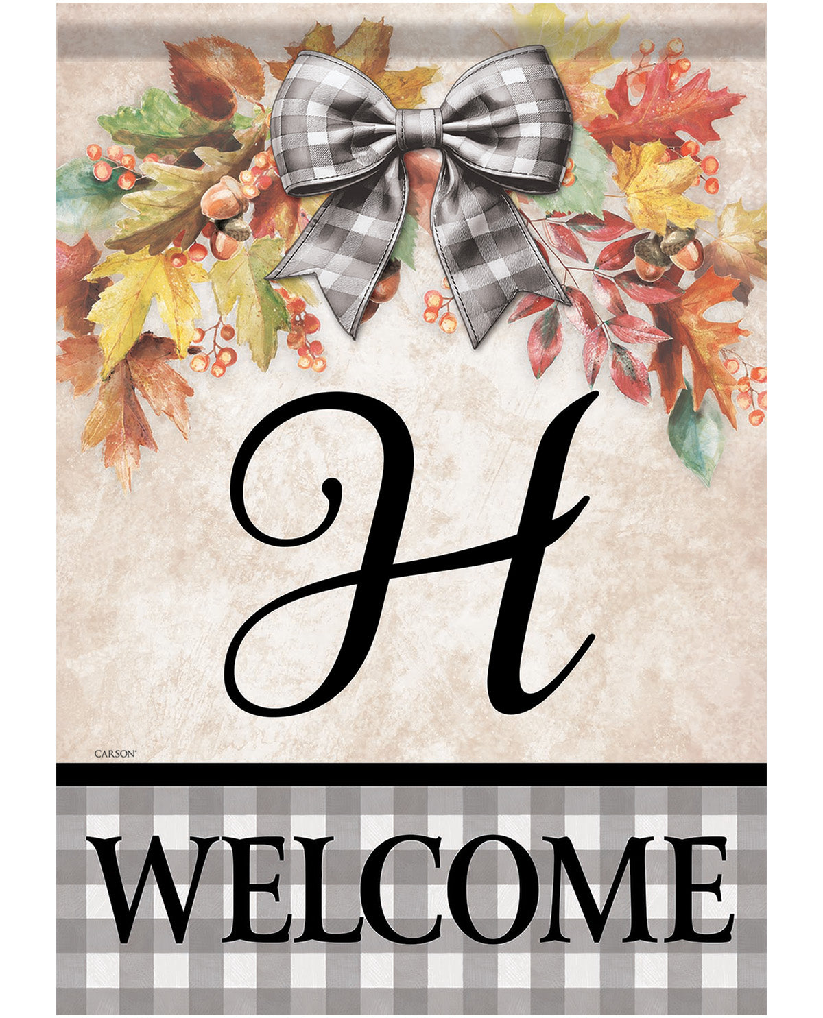 A decorative autumn-themed welcome sign featuring a large black script letter H in the center, surrounded by colorful fall leaves, acorns, and a gray-and-white plaid bow. The bottom section has a black-and-white plaid band with the word WELCOME in black capital letters.